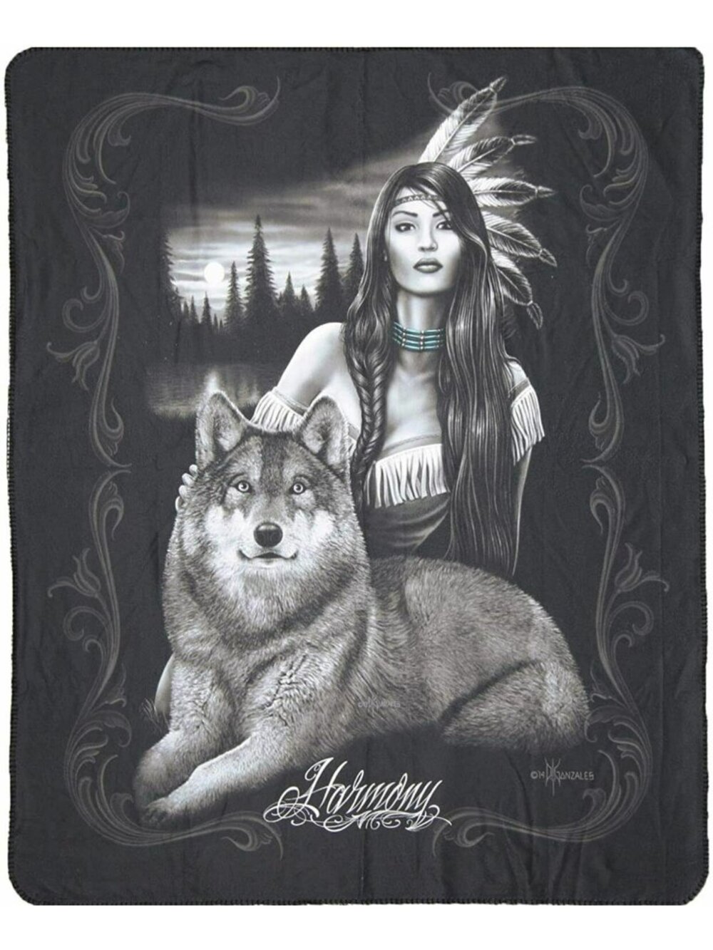 New Native Girl Woman & Wolf Friends Fleece Throw Gift Blanket Indian DGA Soft